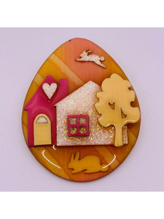 Lucinda Jewelry - Vintage Lucinda Resin Easter Egg Brooch Pin Glitter House Bunny Rabbit Keepsake